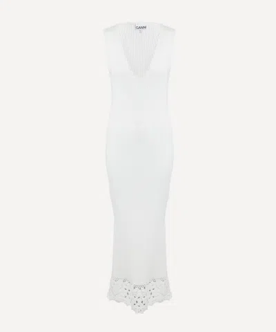 Ganni Women's Fine Rib Crochet V-neck Dress In White