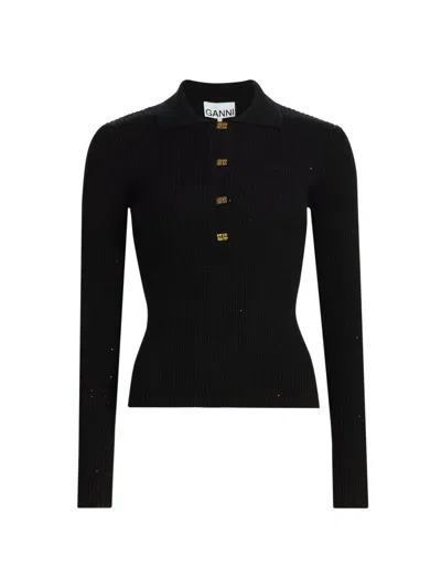 Ganni Women's Fine Sequin Wool-blend Polo Sweater In Animal Print