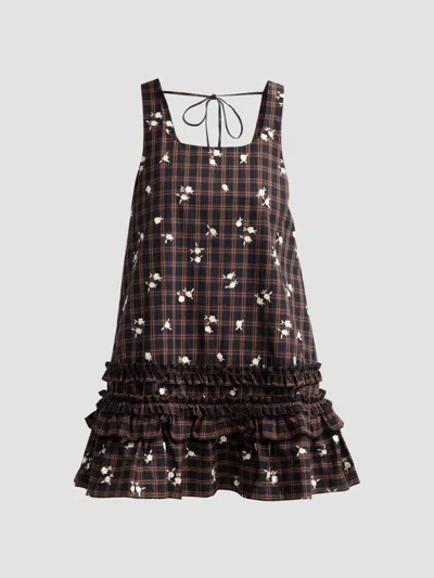 Ganni Checked Floral-embroidered Cotton-poplin Mini Dress In Multi