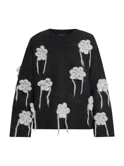 Ganni Floral Crochet Crewneck Sweater In Black