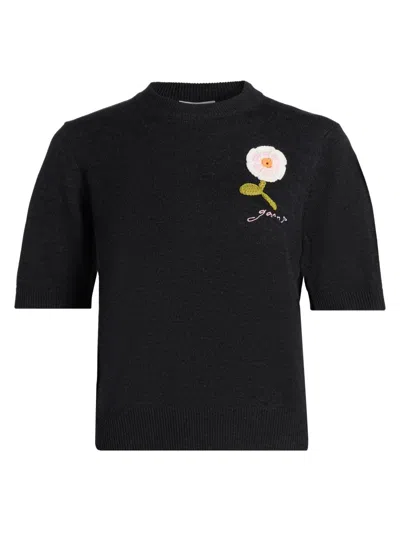 Ganni Women's Floral Crochet Wool-cotton T-shirt In Black