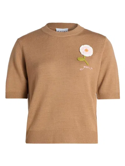 Ganni Women's Floral Crochet Wool-cotton T-shirt In Brown