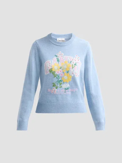Ganni Women's Floral Graphic Wool-blend Sweater In Blue