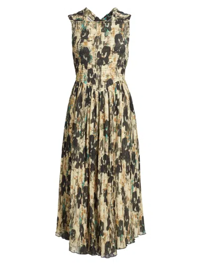 Ganni Women's Floral Smocked Pleat Midi-dress In Green