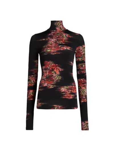 Ganni Printed Shiny Jersey Turtleneck Top In Black In Brown