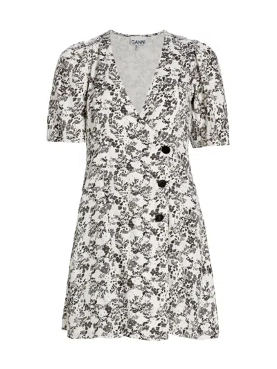 Ganni Floral-print Wrap Minidress In Egret