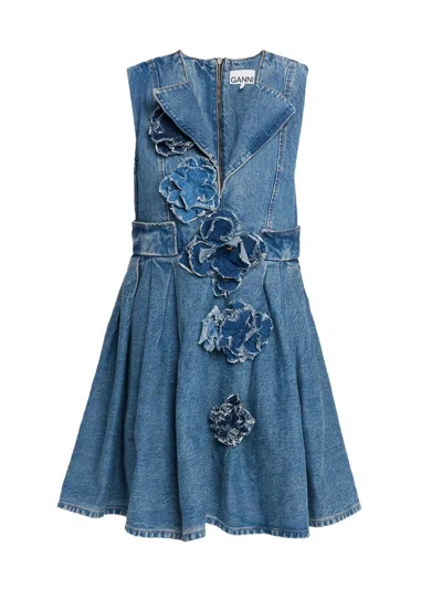 Ganni Women's Flower Denim Puff Minidress In Blue