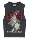 Ganni Floral Embroidered Wool Sleeveless Top In Gray
