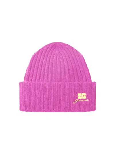 Ganni Women's Future Logo-embroidered Wool Beanie In Pink