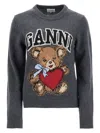 Ganni Wool Graphic Bear Crewneck Sweater In Grey