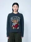 Ganni Wool Graphic Bear Crewneck Sweater In Gray