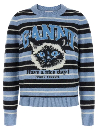 Ganni Graphic Wool Jumper In Blue