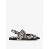 Ganni Buckled Eyelet-embellished Snake-effect Recycled Faux Patent-leather Ballet Flats In Grey Mixed