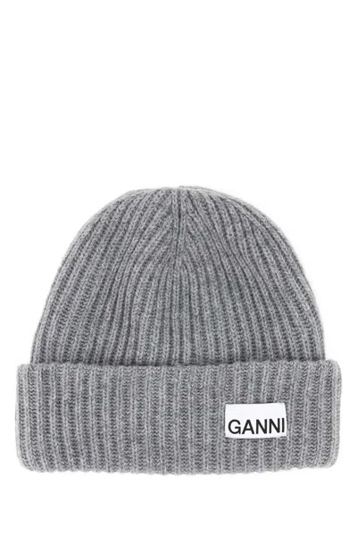 Ganni Women Grey Wool Blend Beanie Hat In Gray