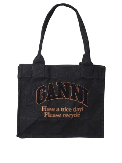 Ganni Large Denim Tote Bag In Black