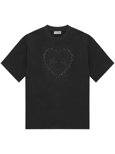 Ganni Women Heart Embroidered Cotton T-shirt In Black