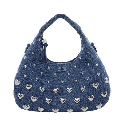 Ganni Women Hobo Mini Heart Stud Denim Handbag In Blue