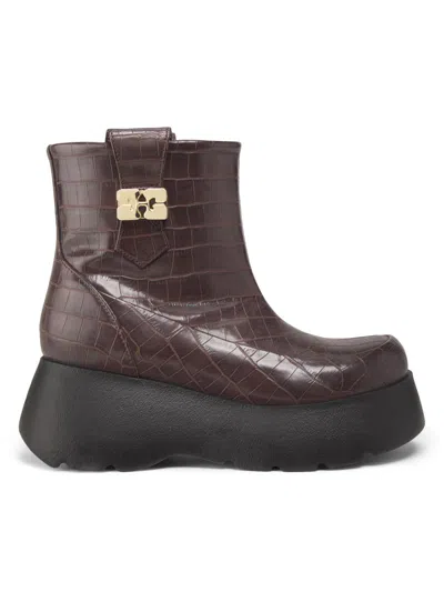 Ganni Women's Kat Crocodile-embossed Leather Platform Ankle Boots In Brown