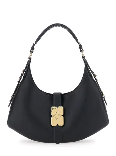 Ganni Kat Small Black Shoulder Bag With Adjustable Handle And Logo Plaque On The Front In Leather Woman