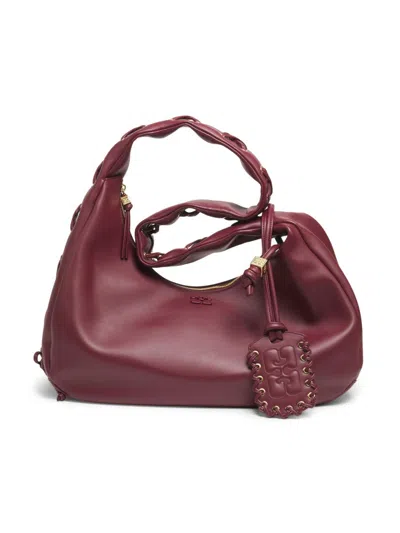 Ganni Women's Laced Leather Hobo Bag In Burgundy