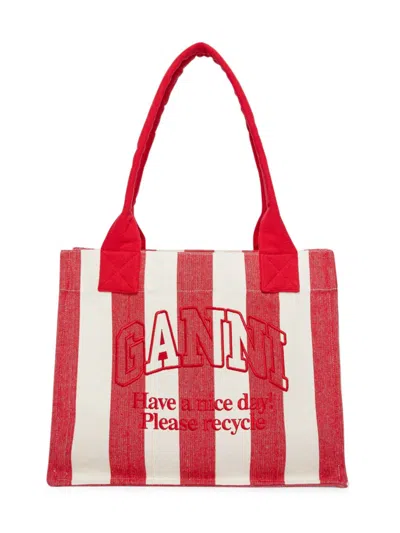 Ganni Women's Large Easy Shopper Striped Cotton Tote Bag In Red