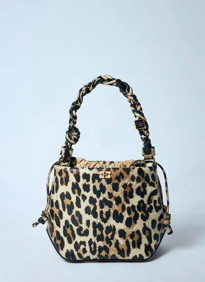 Ganni Leopard Bou Bucket Bag In Brown