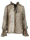 Ganni Leopard Print Chiffon Tie String Shirt In Brown