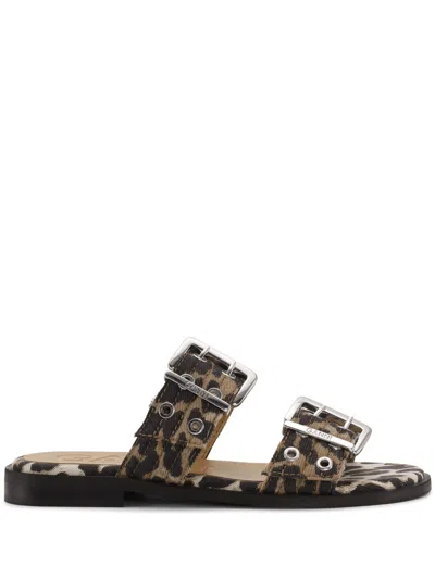 Ganni Women's Leopard Denim Feminine Buckle Two-strap Sandals In Brown