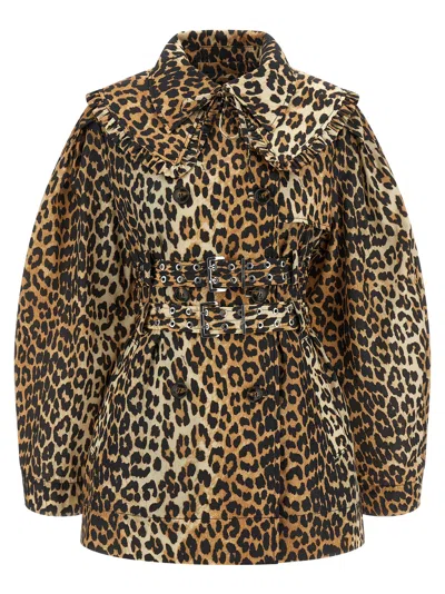 Ganni Women 'leopard Duchesse Nylon Short' Trench Coat In Brown