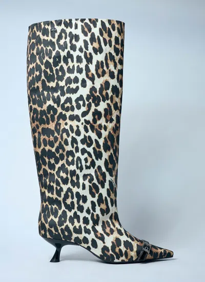 Ganni Women Leopard Eyelets Slouchy High Shaft Boots In Brown