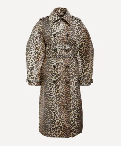 Ganni Women's Leopard Laminated Cotton Trench Coat In Multi