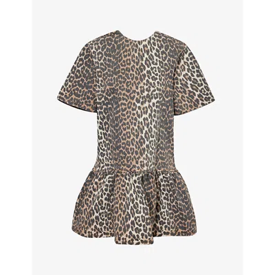 Ganni Womens Leopard Leopard-print Ruffle-hem Organic-denim Mini Dress