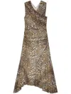 Ganni Brown Long Dress With All-over Leopard Print And Asymmetric Hem In Tech Fabric Woman