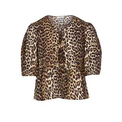 Ganni Woman Shirt Beige Size 6 Organic Cotton In Animal Print