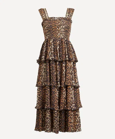 Ganni Women's Leopard Pleated Georgette Flounce Smock Midi Dress