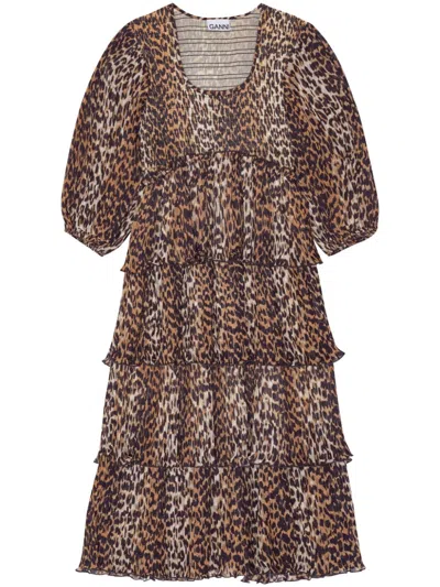 Ganni Women's Leopard Pleated Georgette Flounce Smock Midi Dress