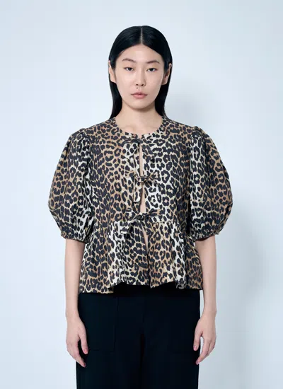 Ganni Women Leopard Poplin Peplum Blouse In Animal Print