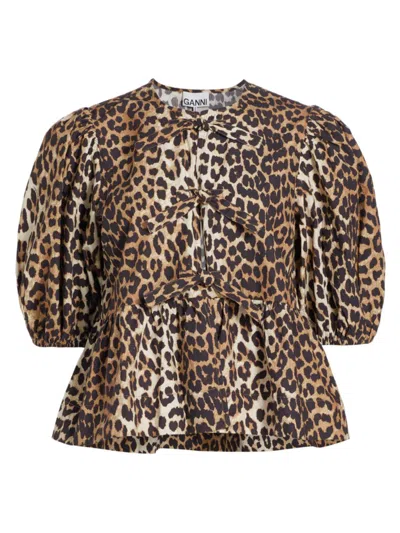Ganni Women Leopard Cotton Poplin Peplum Tie Blouse In Animal Print