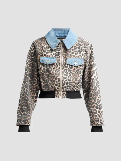 Ganni Leopard Print Denim Bomber Jacket In Multi