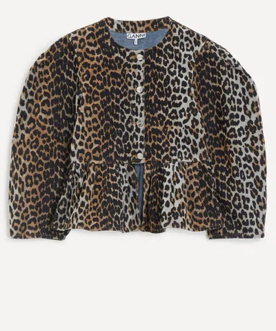 Ganni Women's Leopard Print Flock Denim Blouse In Multi
