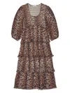 Ganni Leopard Pleated Georgette Flounce Smock Midi Dress