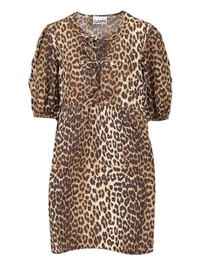 Ganni Brown Leopard Printed Cotton Tie String Minidress In 943 Leopard