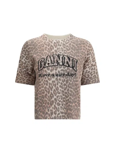 Ganni Leopard Print Wool Mix T-shirt