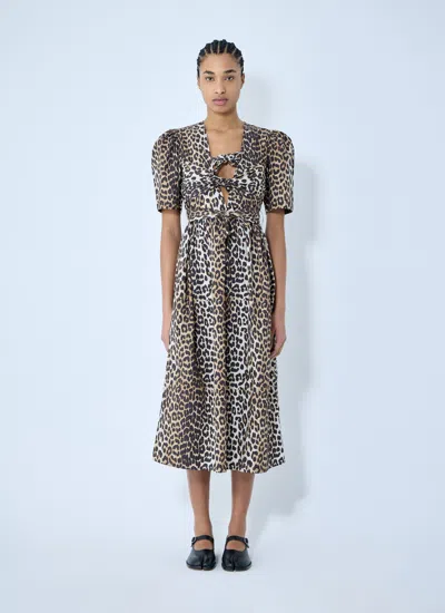 GANNI GANNI WOMEN LEOPARD PRINT TIE STRAP MIDI DRESS