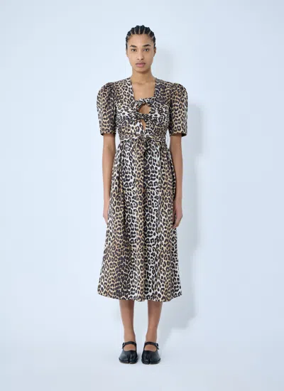 Ganni Women Leopard Print Tie Strap Midi Dress In Brown