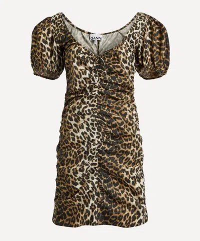 Ganni Women's Leopard-printed Gathered U-neck Mini-dress