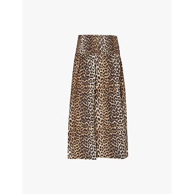 Ganni Womens Leopard Shirred-waist Leopard-pattern Regular-fit Organic-cotton Maxi Skirt