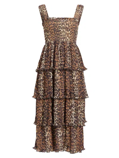 Ganni Leopard Pleated Georgette Flounce Smock Midi Dress In Brown
