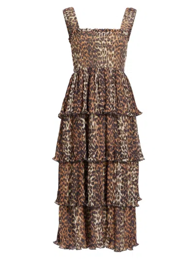 Ganni Leopard Pleated Georgette Flounce Smock Midi Dress In Beige,black