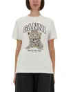 Ganni White T-shirt With Print And Logo Lettering On The Front In Cotton Woman